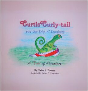 a pink book cover with an illustration of a green curly-tail iguana riding in the ocean in a red sneaker