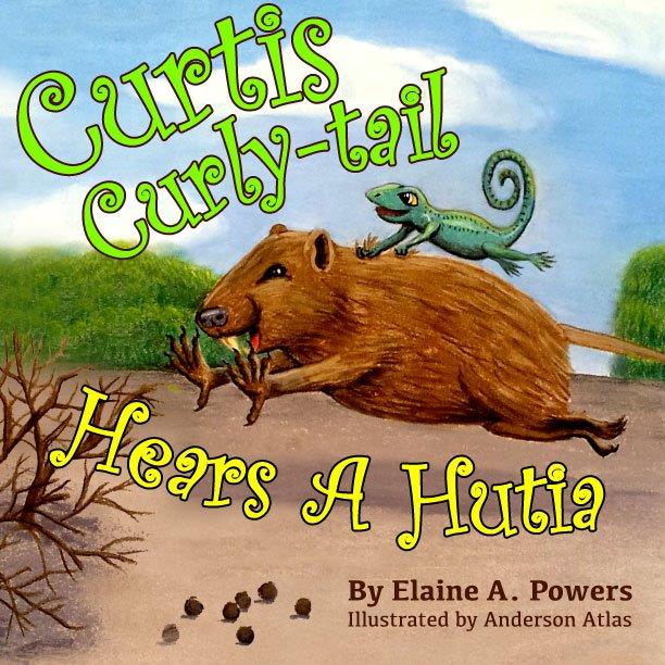 colorful children's book cover with a curly-tail lizard riding on a hutia's back
