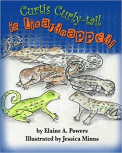 a blue and white children's book cover with curly-tail lizards illustrated