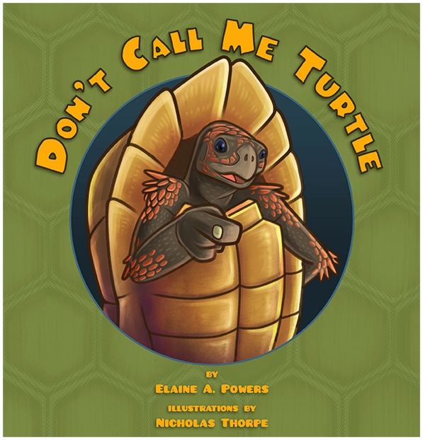 a green book cover with an illustration of a tortoise standing on hind legs, pointing at the viewer