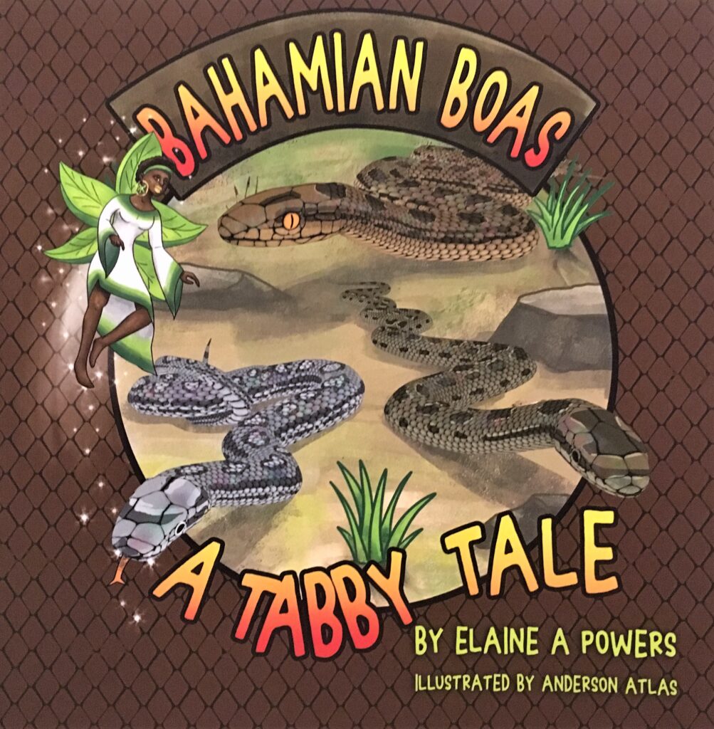 A brown book cover with illustrations of bahamian boa snakes