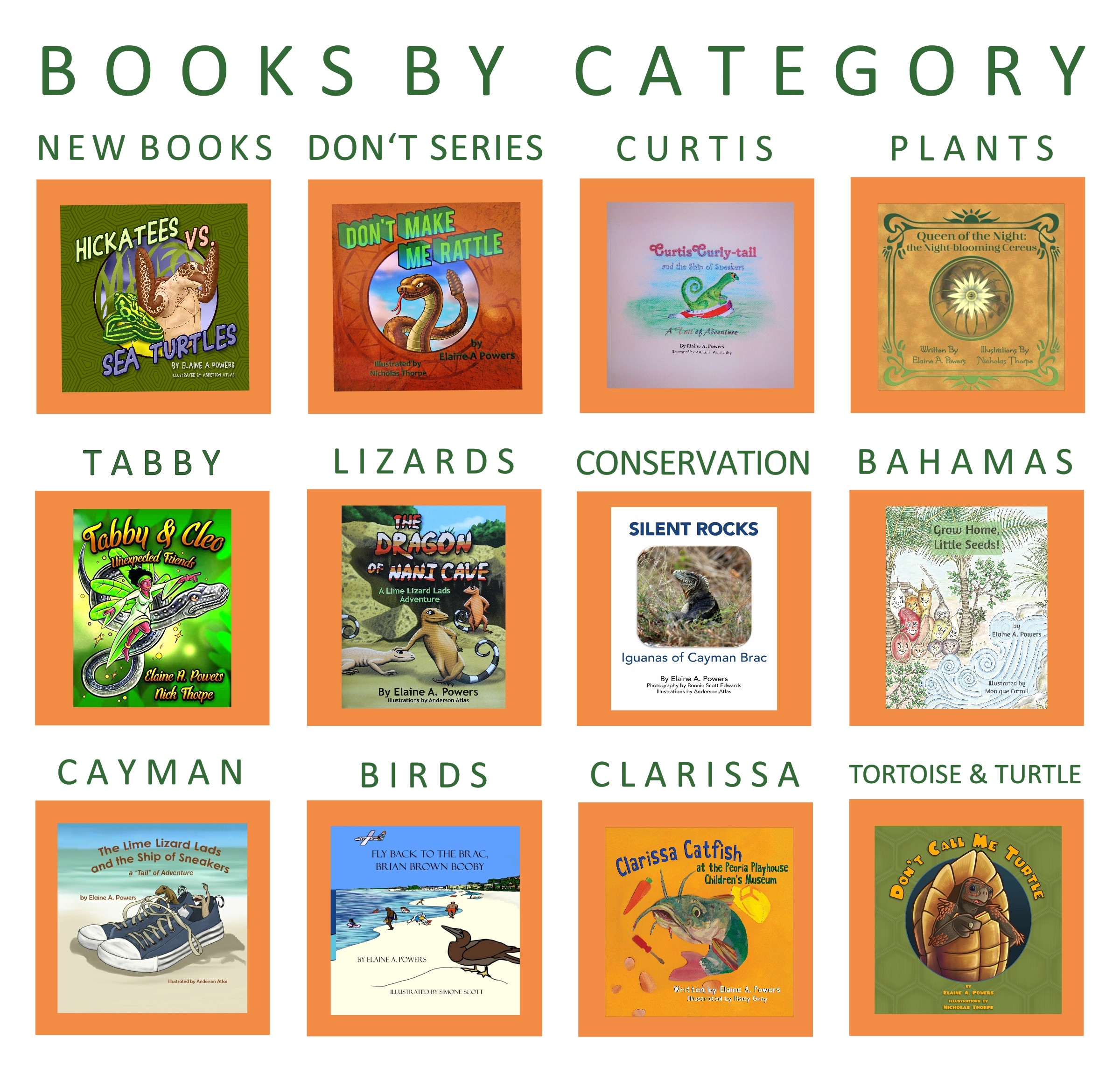 A collage of book covers indicating the categories of books at elaineapowers.com