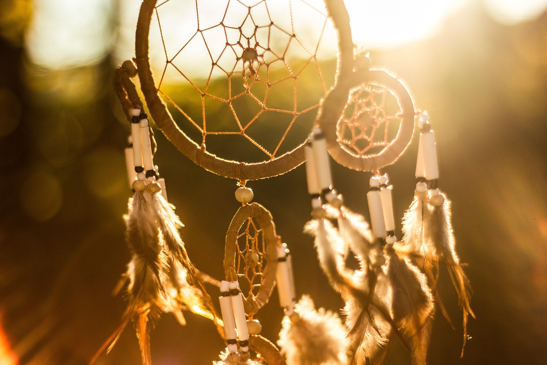 photo of dream catcher with green land and light behind it