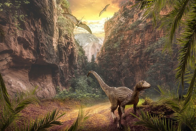 A realistic illustration of dinosaurs roaming a valley.