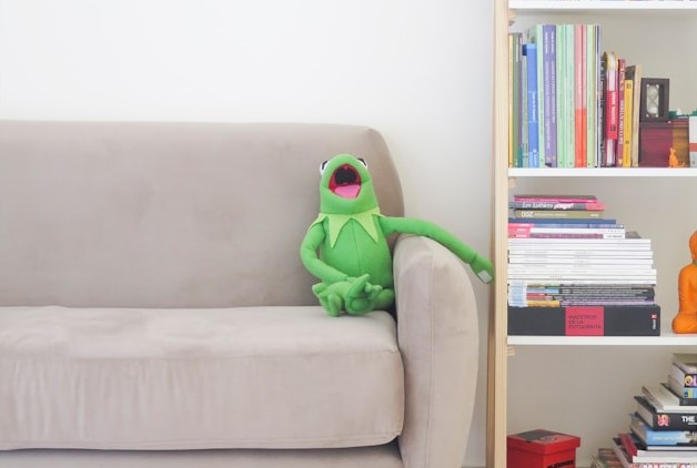 A Kermit the frog puppet sits on a couch.