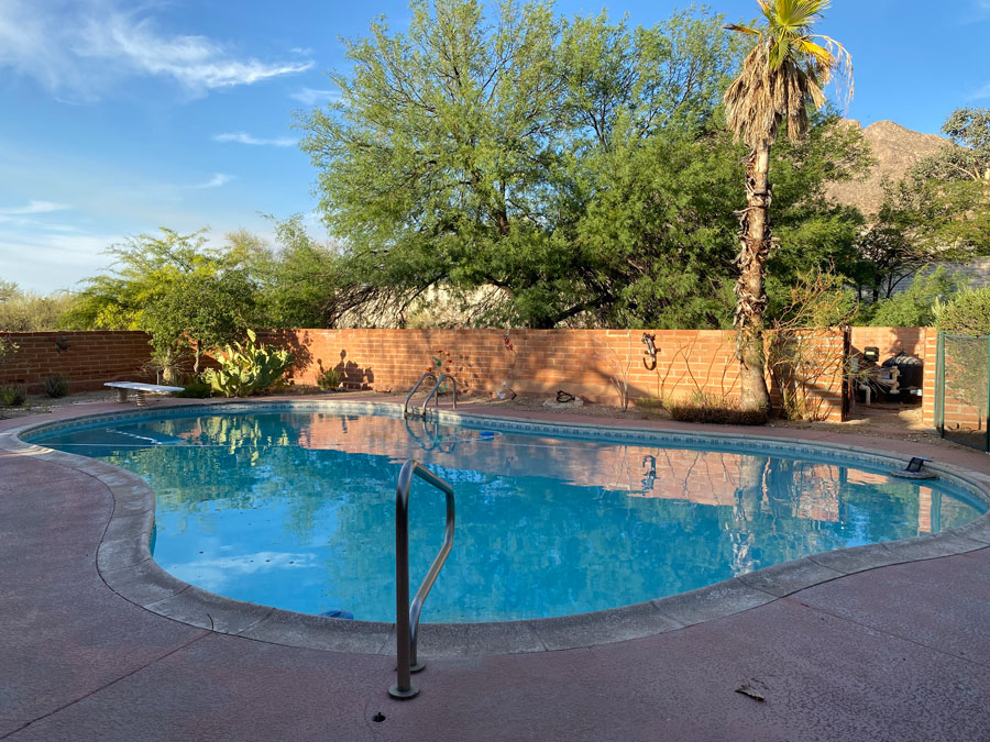 Elaine's pool, the water is a healthy crystal clear blue. 