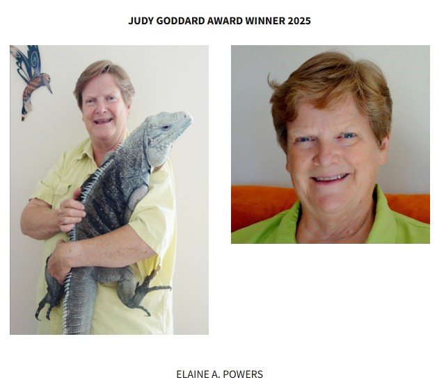 Two photos of Elaine along with the heading: JUDY GODDARD AWARD WINNER 2025.