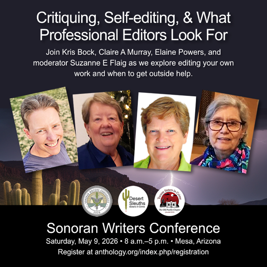 Conference presentation graphic, featuring photos of the panel authors including Elaine's and title: Critiquing, Self-editing, & What Professional Editors Look For.