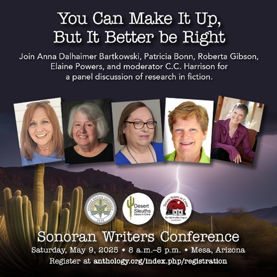 Conference presentation graphic, featuring photos of the panel authors including Elaine's and title: You Can Make it Up, But it Better be Right.